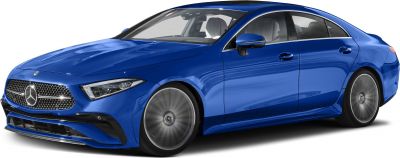 Sporty blue four-door coupe with LED headlights and aerodynamic design