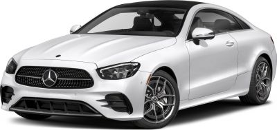 Front and side view of white coupe with sleek grille and alloy wheels
