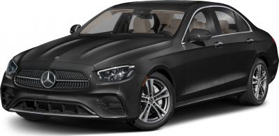 Front and side view of black luxury sedan with distinctive grille and headlights