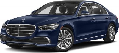 Front view of luxury sedan with grille, headlights, and alloy wheels