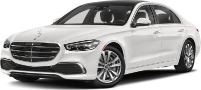 Front view of luxury sedan with LED headlamps and chrome grille