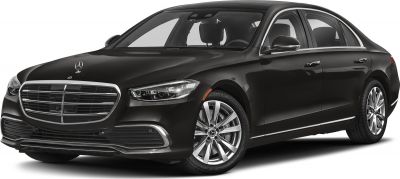 Sleek black luxury sedan with LED headlights and chrome grille