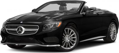Front view of luxury black convertible with alloy wheels and chrome grille
