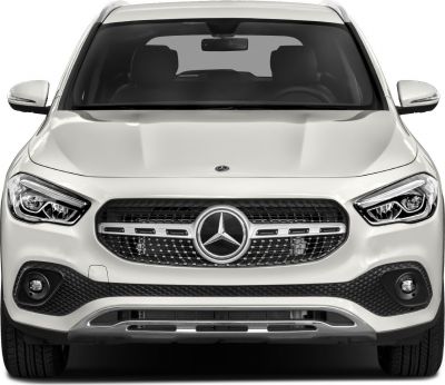 Front view with LED headlights, mesh grille with emblem, and fog lights