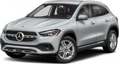 Front view of silver compact SUV with LED headlights and stylish grille
