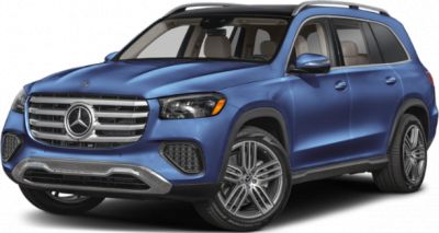 Front side view of blue SUV with grille and alloy wheels
