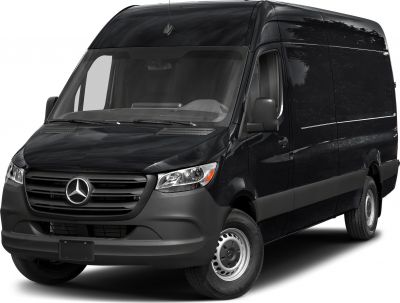 High roof black panel van with front grille and aerodynamic body