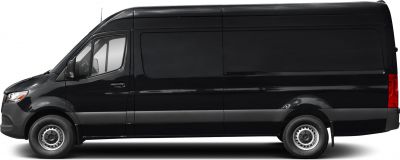 Black panel van with sliding side door, steel wheels, and high roof.