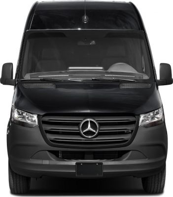 Front view with grille, headlights, and windshield of a commercial panel van