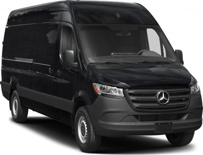 Black high-roof panel van with prominent front grille and headlights