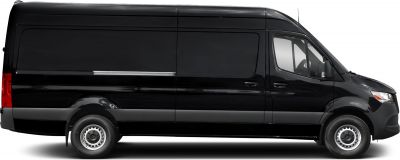 Side profile of black electric panel van with sliding door rail and compact wheels