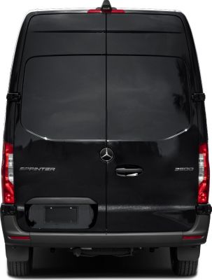 Rear view with dual rear doors and model badges on compact panel van