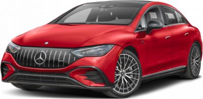 Front and side view of a red electric luxury sedan with sleek design and distinctive headlights