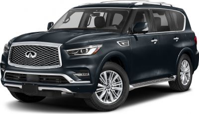 Front and side view of luxury SUV with large grille and LED headlights