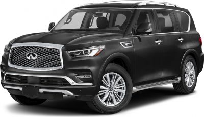 Front side view of SUV with bold grille and sleek LED headlights