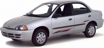 Compact sedan with distinctive side decals and smooth rounded design