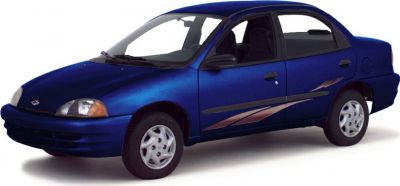 Blue compact 4-door sedan with side graphics