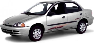 Compact four-door sedan with distinctive side graphic decals