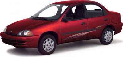 Compact red 4-door sedan with side decals and simple wheel covers.