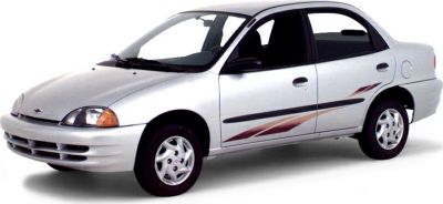 Compact four-door sedan with side decals and steel wheels