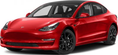 Front view of red electric sedan with black rims and sleek headlights