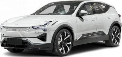 Front and side view of a white SUV with LED headlights and aerodynamic styling