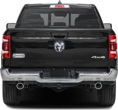 Pickup truck rear with LongHorn badge and dual exhaust
