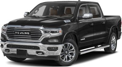 Pickup truck front angle with prominent grille and chrome bumper