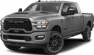 Bold front grille with RAM logo and raised hood scoop on 2025 Mega Cab II pickup