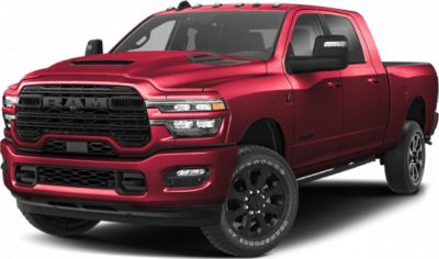 Bold front grille and aggressive hood scoop of a heavy-duty pickup truck.