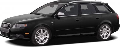 Side profile of black station wagon with sporty alloy wheels and V8 badge