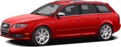 Red sport wagon with alloy wheels and V8 engine badge