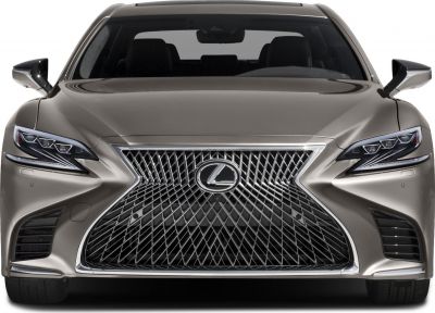 Front view of luxury sedan with spindle grille and LED headlights