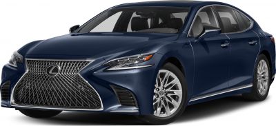 Luxury sedan front view with large grille and LED headlights