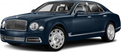 Front three-quarter view of a luxury sedan with signature grille and round headlights