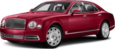 Red luxury sedan with prominent chrome grille and round headlights