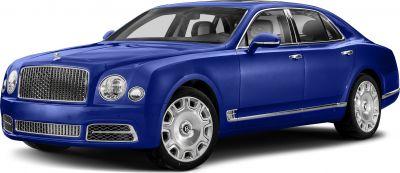 Front-side view of luxury sedan with distinctive grille and round headlights
