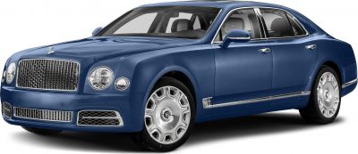 Blue luxury sedan with chrome grille and round headlights