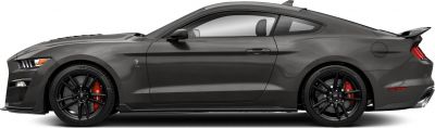Black Shelby coupe side view with red brake calipers and aerodynamic design