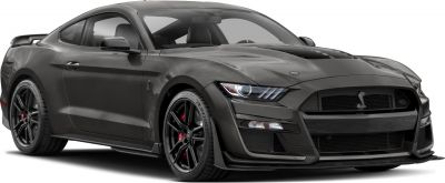 Front view of black sports coupe with aggressive grille and aerodynamic body.