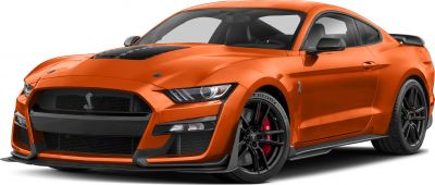 Front angle of a sports coupe with vented hood and black multi-spoke rims
