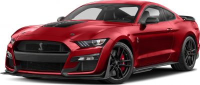 Aggressive front grille and aerodynamic hood vents with sporty black rims and red brake calipers