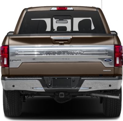 Rear view of a long box pickup with chrome tailgate and King Ranch badge