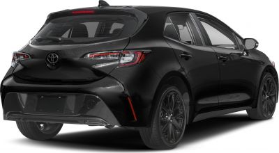 Rear view of black compact hatchback with LED taillights and alloy wheels