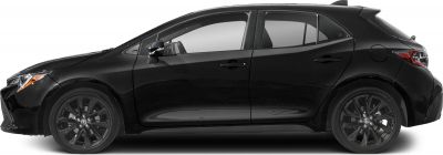 Side profile of black hatchback with alloy wheels and tinted windows