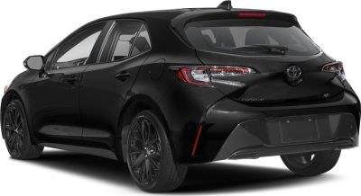 Black hatchback rear and side with modern tail lights and alloy wheels