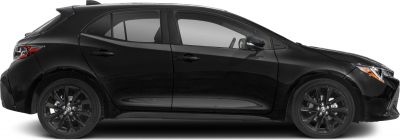 Side view of sleek black hatchback with sporty black alloy wheels