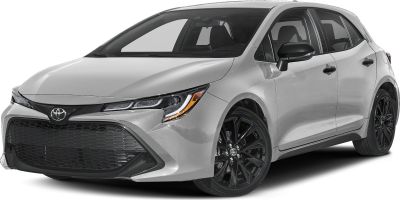 Sporty hatchback front with aggressive grille and black rims