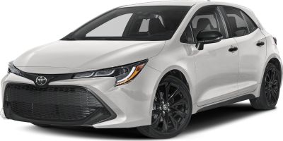 Sporty hatchback front with sleek headlamps and black alloy wheels