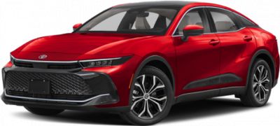 Front view of sleek red sedan with sporty aerodynamic design